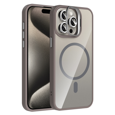 Apple iPhone 15 Pro Kılıf Standlı ve Kamera Lens Hediyeli M-Safe Şarj Özellikli Zore Etro Kapak Gri