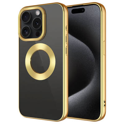 Apple iPhone 15 Pro Kılıf Tek Kamera Çerçeveli Logo Gösteren Zore Omega Kapak Gold