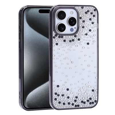 Apple iPhone 15 Pro Max Case Airbag Design Drop Stone Embellished Transparent Zore Pera Silicone Cover Black