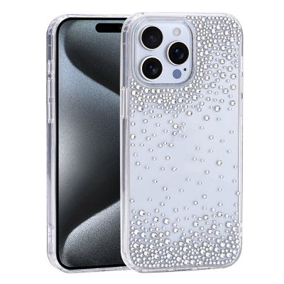 Apple iPhone 15 Pro Max Case Airbag Design Drop Stone Embellished Transparent Zore Pera Silicone Cover Şeffaf