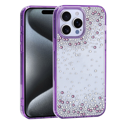 Apple iPhone 15 Pro Max Case Airbag Design Drop Stone Embellished Transparent Zore Pera Silicone Cover Purple
