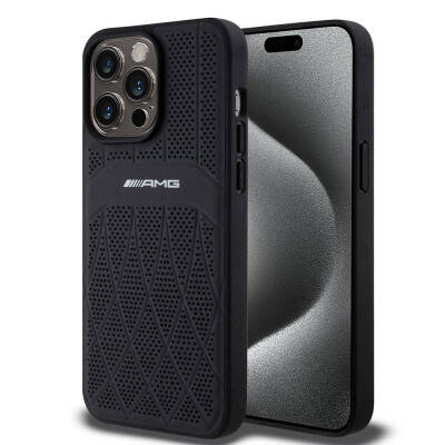 Apple iPhone 15 Pro Max Case AMG Original Licensed Magsafe Charging Feature Perforated Leather Curved Striped Cover Black