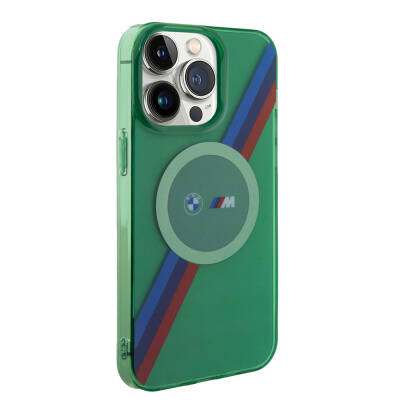 Apple iPhone 15 Pro Max Case BMW Magsafe Transparent Tricolor Stripes Original Licensed Cover with Charging Feature Green