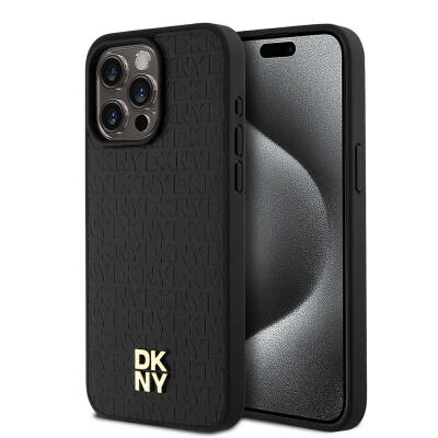 Apple iPhone 15 Pro Max Case DKNY Original Licensed Magsafe Charging Feature 3D Written Repeat Pattern Cover Black