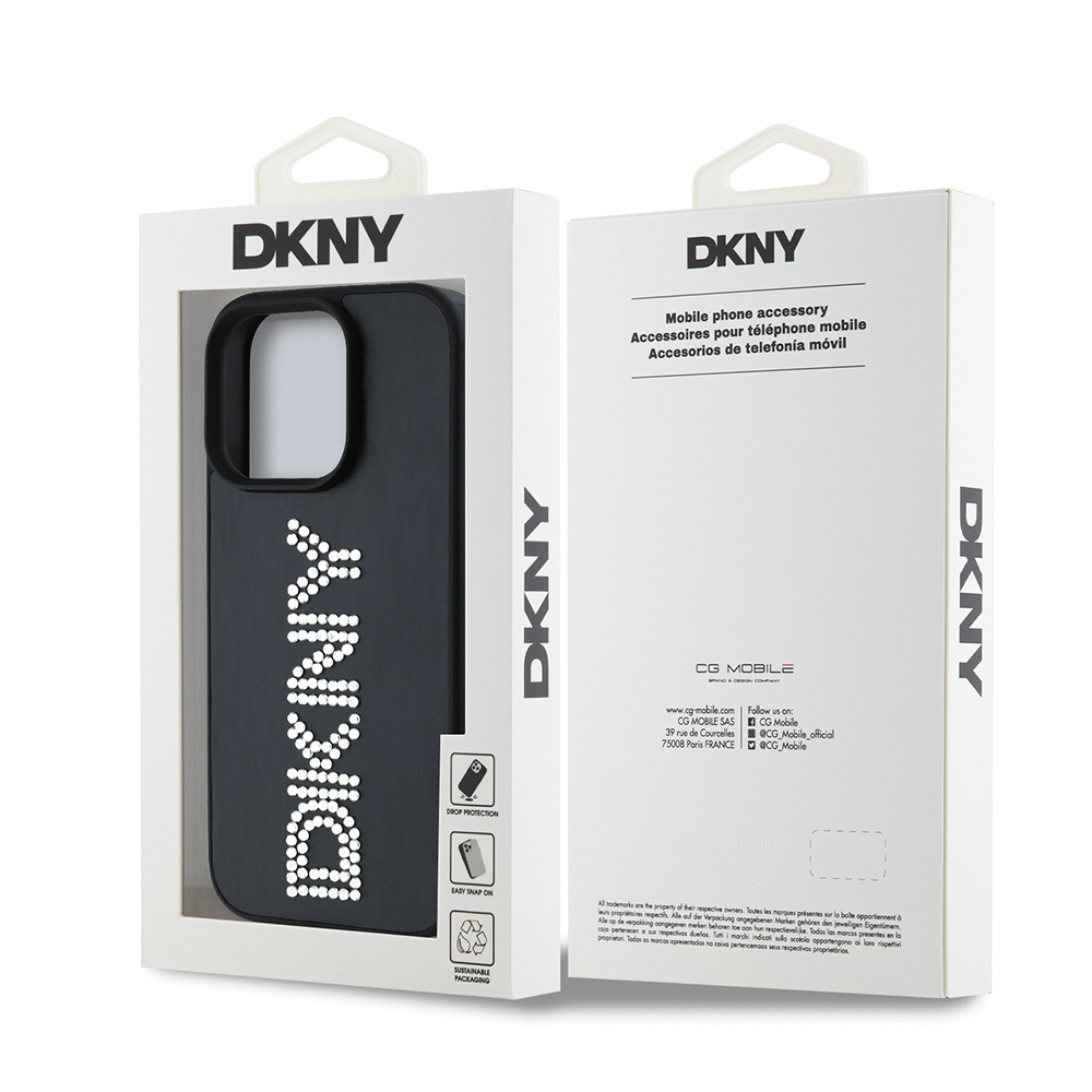 Apple iPhone 15 Pro Max Case DKNY Original Licensed Stone DKNY Written Metallic Rhinestones PU Leather Cover - 10