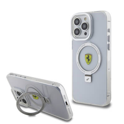 Apple iPhone 15 Pro Max Case Ferrari Magsafe Frosted Surface Design Cover with Charging Feature and Stand Silver