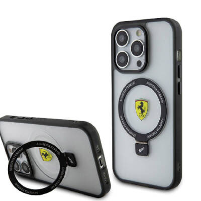 Apple iPhone 15 Pro Max Case Ferrari Magsafe Frosted Surface Design Cover with Charging Feature and Stand Black