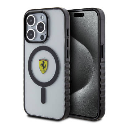 Apple iPhone 15 Pro Max Case Ferrari Original Licensed Magsafe Charging Feature Serrated Edge Design Centered Logo Cover Colorless