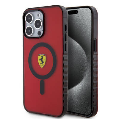 Apple iPhone 15 Pro Max Case Ferrari Original Licensed Magsafe Charging Feature Serrated Edge Design Centered Logo Cover Red