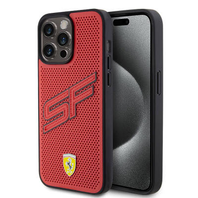  Apple iPhone 15 Pro Max Case Ferrari Original Licensed PU Perforated Back Surface Metal Logo Stitched Large SF Lettering Cover Red