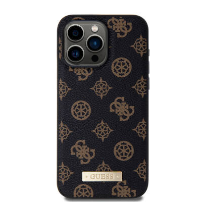 Apple iPhone 15 Pro Max Case Guess Magsafe Charging Featured PU Leather Patterned Metal Plate Logo Cover Black