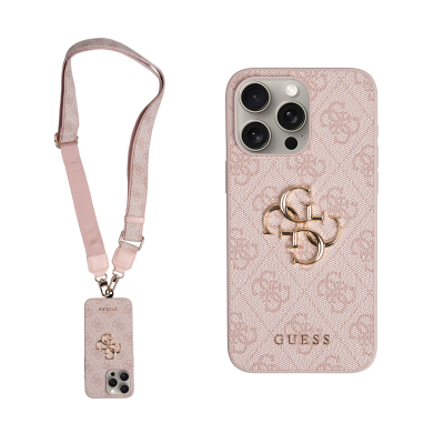 Apple iPhone 15 Pro Max Case Guess Original Licensed 4G Large Metal Logo and Thick Strap Pink