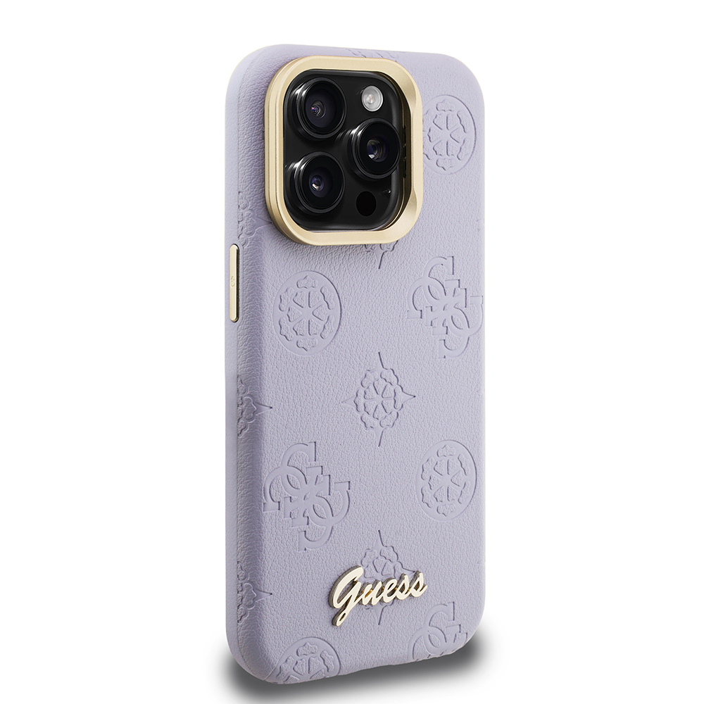 Apple iPhone 15 Pro Max Case Guess Original Licensed M-safe Charging Feature Hot Printed Text Logo Camera Stand PU Leather Peony Cover - 29