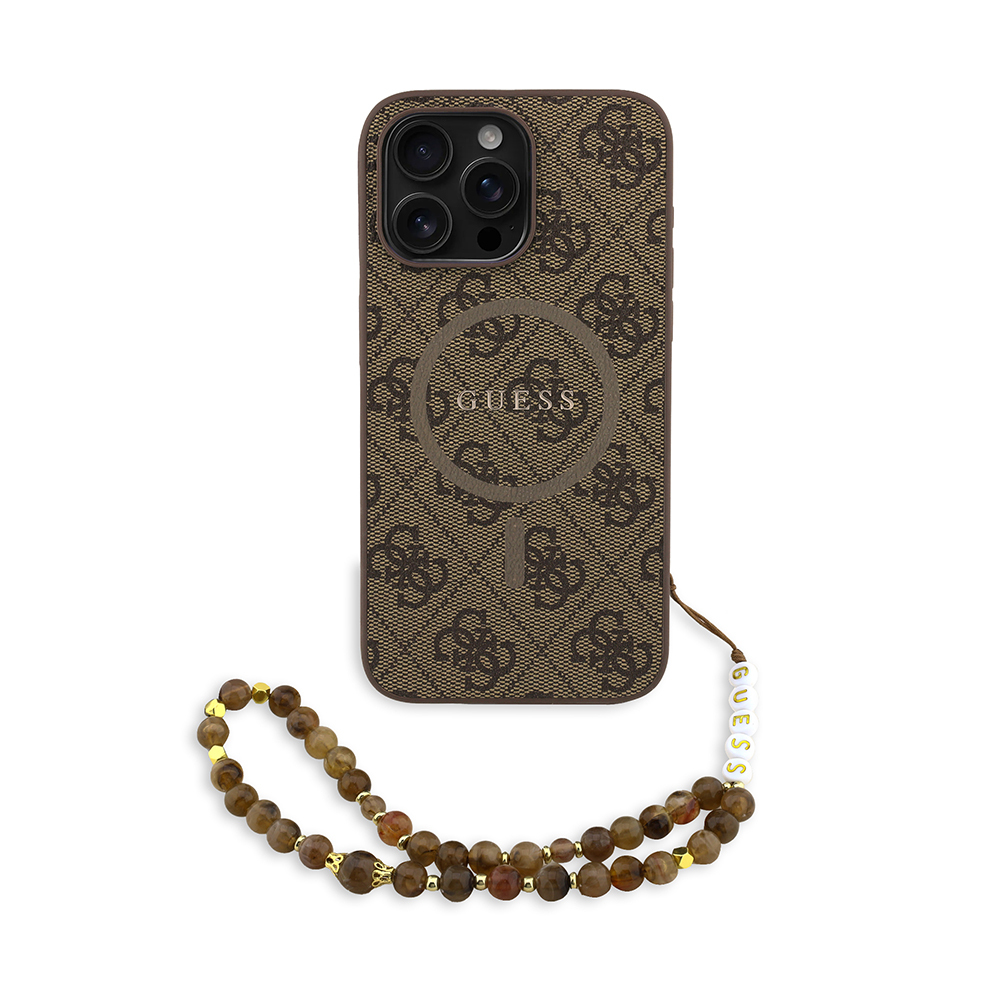 Apple iPhone 15 Pro Max Case Guess Original Licensed M-safe Charging Feature PU Leather Wrist Strap Rope Cover Text Logo - 10
