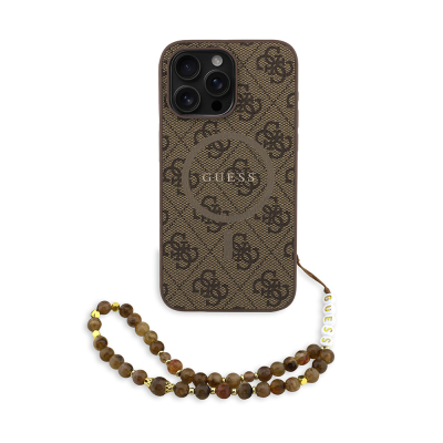 Apple iPhone 15 Pro Max Case Guess Original Licensed M-safe Charging Feature PU Leather Wrist Strap Rope Cover Text Logo Brown