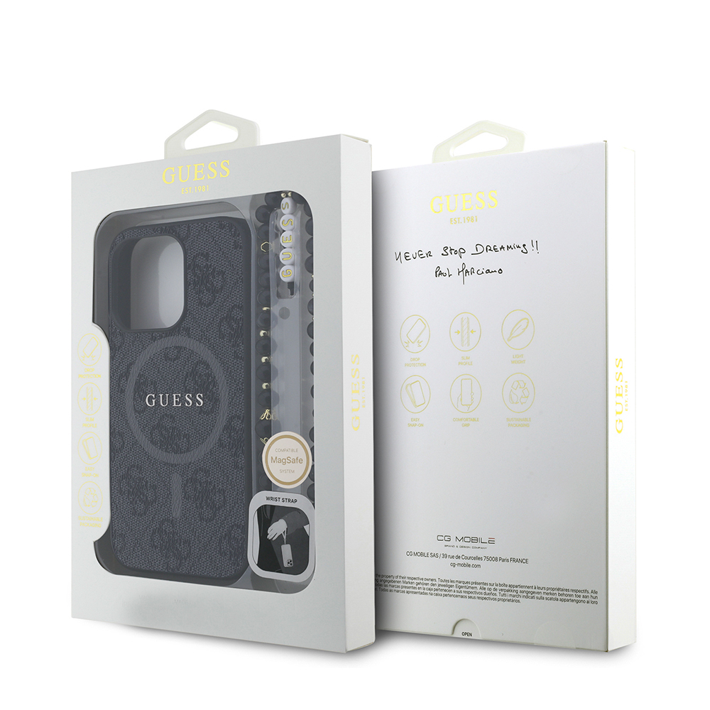 Apple iPhone 15 Pro Max Case Guess Original Licensed M-safe Charging Feature PU Leather Wrist Strap Rope Cover Text Logo - 25