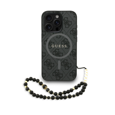 Apple iPhone 15 Pro Max Case Guess Original Licensed M-safe Charging Feature PU Leather Wrist Strap Rope Cover Text Logo Black