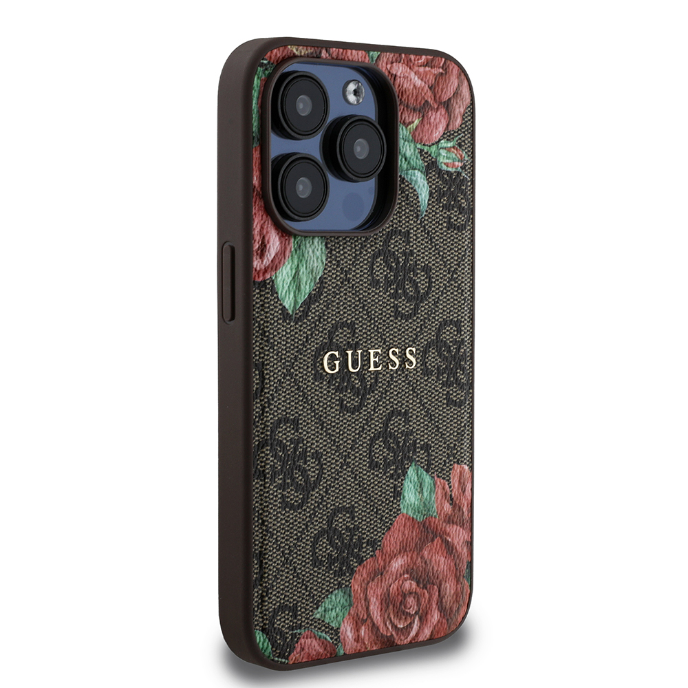 Apple iPhone 15 Pro Max Case Guess Original Licensed Magsafe Charging Feature Rose Printed 4G Patterned Text Logo Cover - 13