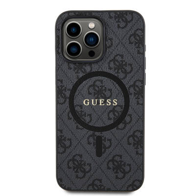 Apple iPhone 15 Pro Max Case Guess Original Licensed Magsafe Charging Featured 4G Patterned Text Logo Cover Black