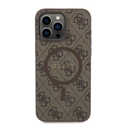 Apple iPhone 15 Pro Max Case Guess Original Licensed Magsafe Charging Featured 4G Patterned Text Logo Cover Brown