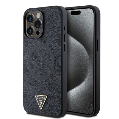 Apple iPhone 15 Pro Max Case Guess Original Licensed Magsafe Charging Featured PU Triangle Logo 4G Patterned Cover Black