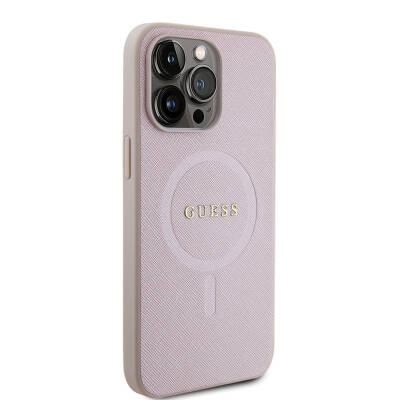 Apple iPhone 15 Pro Max Case Guess Original Licensed Magsafe Charging Featured Saffiano Cover with Text Logo Pink