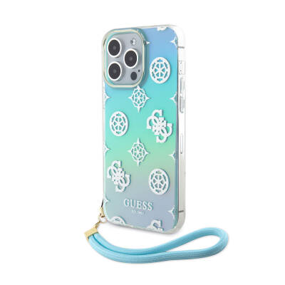 Apple iPhone 15 Pro Max Case Guess Original Licensed Patterned Text Logo Holographic Glitter Peony Cover with Strap String Turquoise