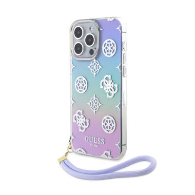 Apple iPhone 15 Pro Max Case Guess Original Licensed Patterned Text Logo Holographic Glitter Peony Cover with Strap String Purple