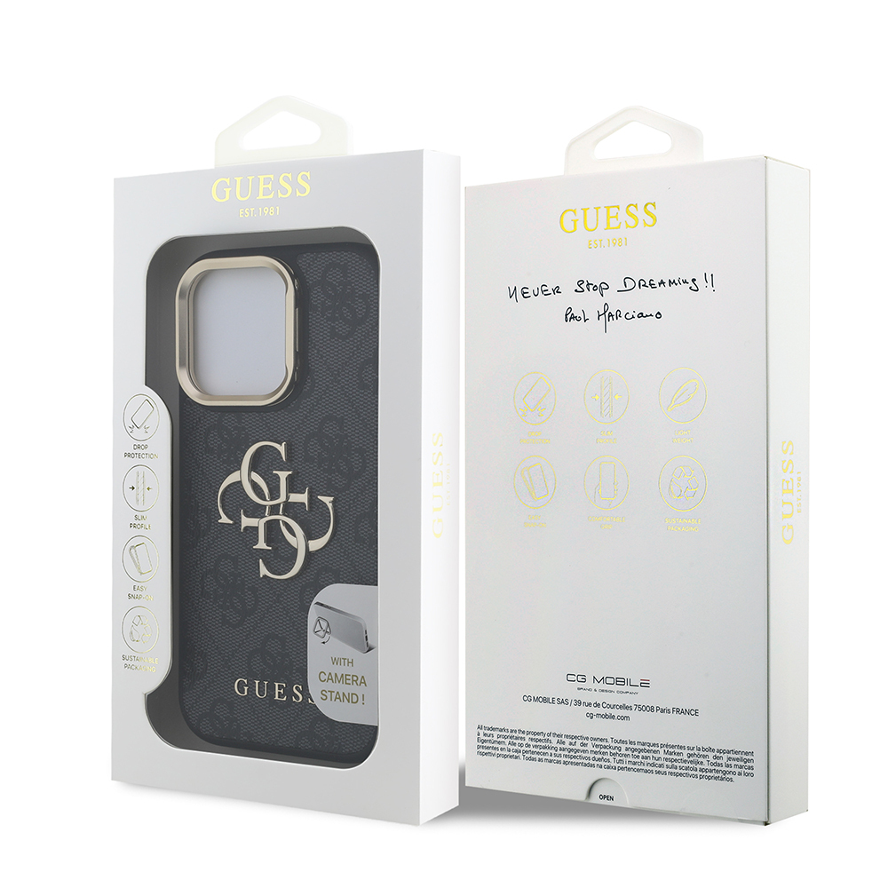 Apple iPhone 15 Pro Max Case Guess Original Licensed PU Leather 4G Patterned Metal Big 4G and Text Logo Camera Stand Cover - 19