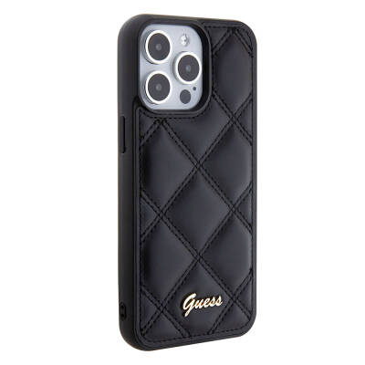 Apple iPhone 15 Pro Max Case Guess Original Licensed PU Leather Metal Text Logo Quilted Cover Black