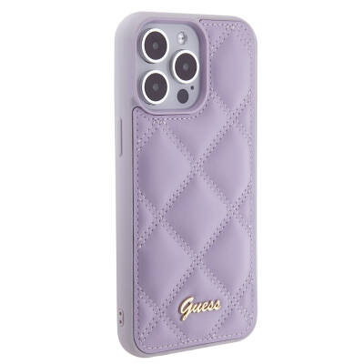 Apple iPhone 15 Pro Max Case Guess Original Licensed PU Leather Metal Text Logo Quilted Cover Açık Mor