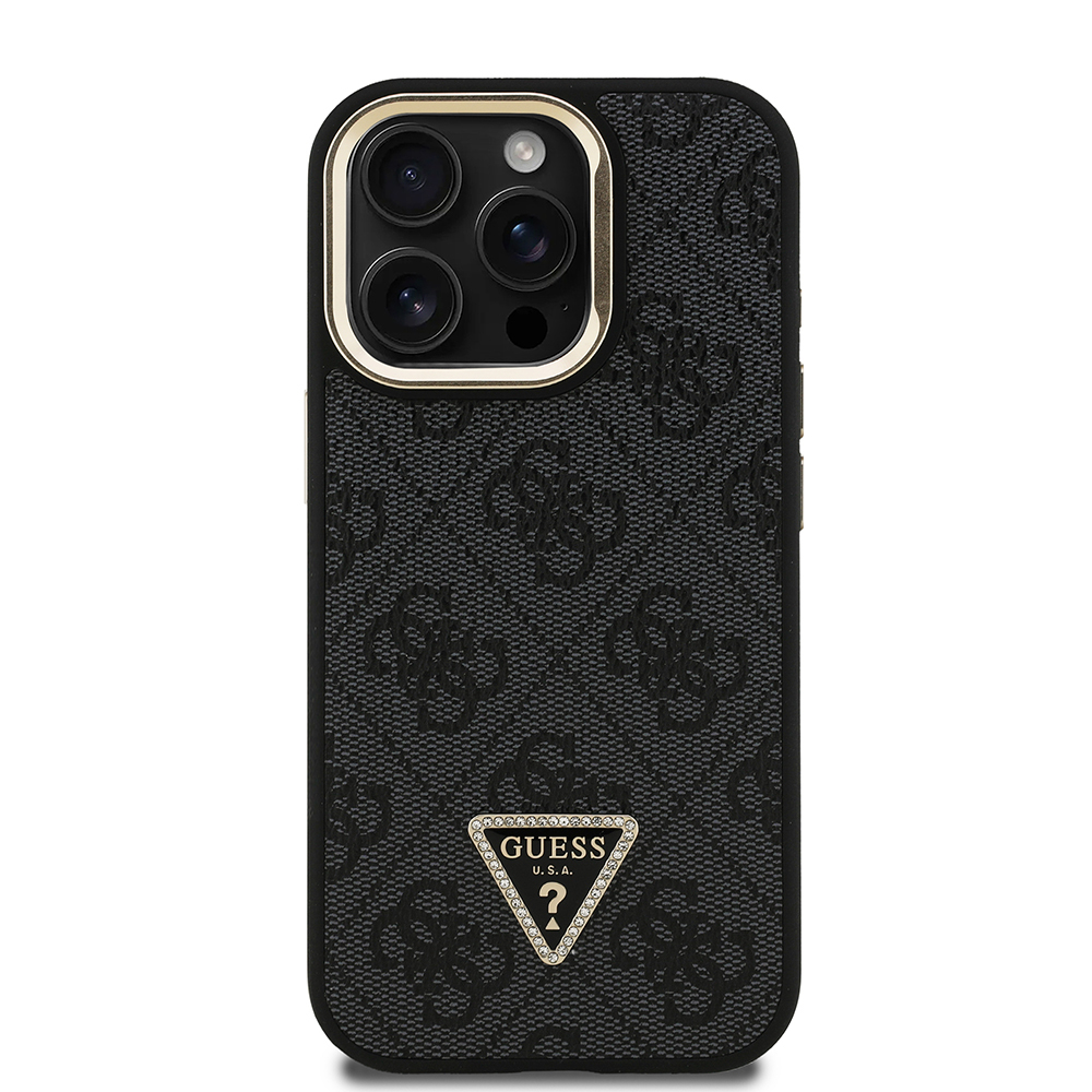 Apple iPhone 15 Pro Max Case Guess Original Licensed PU Leather Stone Triangle Logo 4G Patterned Camera Stand Cover - 6