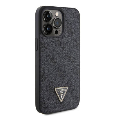 Apple iPhone 15 Pro Max Case Guess Original Licensed PU Leather Stoned Triangle Logo 4G Patterned Strass Cover Black