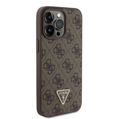 Apple iPhone 15 Pro Max Case Guess Original Licensed PU Leather Stoned Triangle Logo 4G Patterned Strass Cover Brown