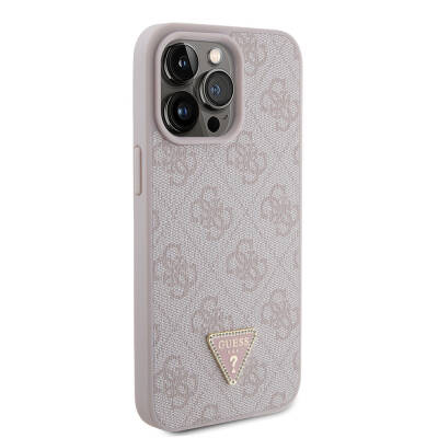 Apple iPhone 15 Pro Max Case Guess Original Licensed PU Leather Stoned Triangle Logo 4G Patterned Strass Cover Pink