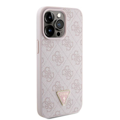 Apple iPhone 15 Pro Max Case Guess Original Licensed PU Leather Strap Stony Triangle Logo 4G Patterned Strass Crossbody Cover Pink