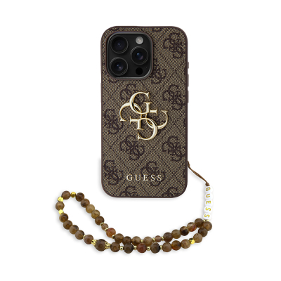 Apple iPhone 15 Pro Max Case Guess Original Licensed PU Leather Wrist Strap Rope Metal Big 4G and Text Logo Cover Brown