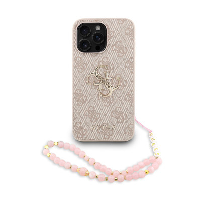 Apple iPhone 15 Pro Max Case Guess Original Licensed PU Leather Wrist Strap Rope Metal Big 4G and Text Logo Cover Pink