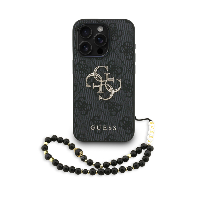 Apple iPhone 15 Pro Max Case Guess Original Licensed PU Leather Wrist Strap Rope Metal Big 4G and Text Logo Cover Black