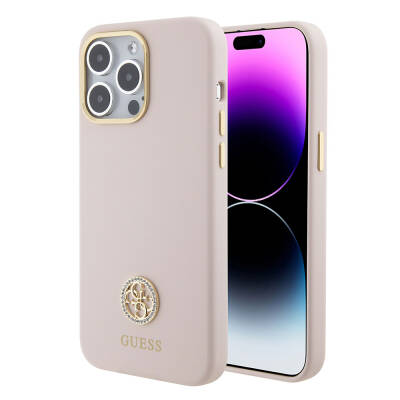 Apple iPhone 15 Pro Max Case Guess Original Licensed Text and Stoned 4G Logo Metal Camera Frame Silicone Cover Pink