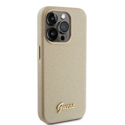 Apple iPhone 15 Pro Max Case Guess Original Licensed Text Logo Glitter Glossy Script Cover Gold