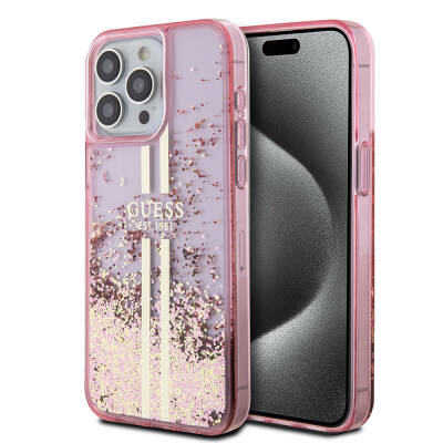 Apple iPhone 15 Pro Max Case Guess Original Licensed Transparent Liquid Glitter Gold Striped Cover Pink