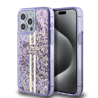 Apple iPhone 15 Pro Max Case Guess Original Licensed Transparent Liquid Glitter Gold Striped Cover Purple