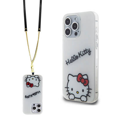 Apple iPhone 15 Pro Max Case Hello Kitty Original Licensed Hanging Text and Iconic Logo Daydreaming Cover White