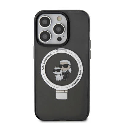 Apple iPhone 15 Pro Max Case Karl Lagerfeld Original Licensed K&C Iconic Printed Ring Stand Magsafe Charge Cover Black