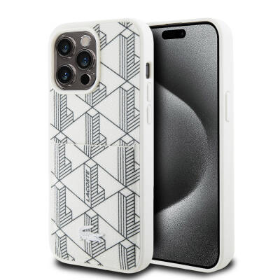 Apple iPhone 15 Pro Max Case Lacoste Original Licensed Magsafe Charging Featured PU Leather Look Mixed Monogram Patterned Cover with Card Holder White