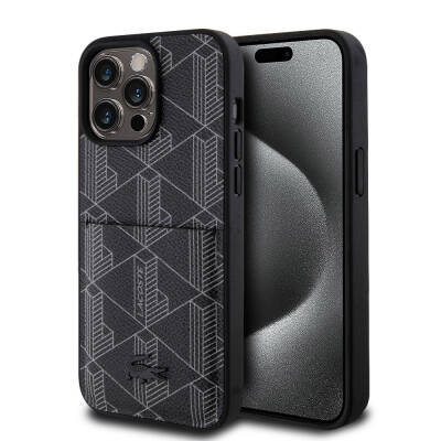 Apple iPhone 15 Pro Max Case Lacoste Original Licensed Magsafe Charging Featured PU Leather Look Mixed Monogram Patterned Cover with Card Holder Black