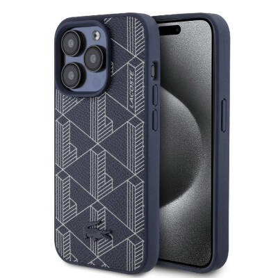 Apple iPhone 15 Pro Max Case Lacoste Original Licensed Magsafe PU Leather Appearance Mixed Monogram Pattern Cover with Charging Feature Navy blue