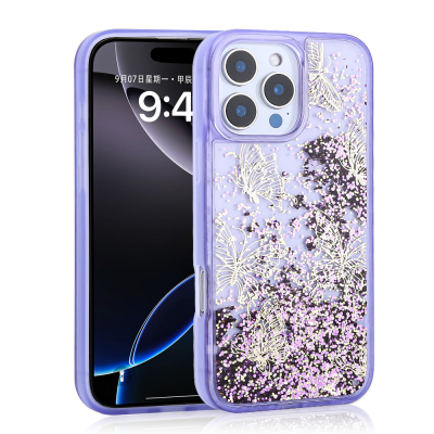 Apple iPhone 15 Pro Max Case Liquid Glitter Butterfly Printed Transparent Back Surface Zore Glis Silicone Cover Purple