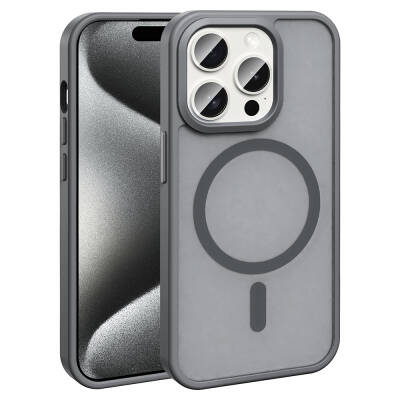 Apple iPhone 15 Pro Max Case Magsafe Charging Featured Matte Back Surface Zore Sio Cover Grey